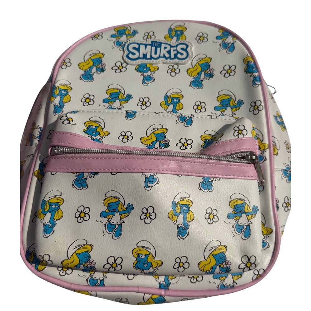 The Smurfs Smurfette Mini Backpack‎ White Pink Floral Faux Leather Cartoon Bag